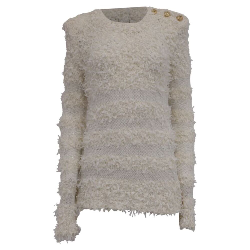 Balmain Knitted Crewneck Sweater in White Cotton